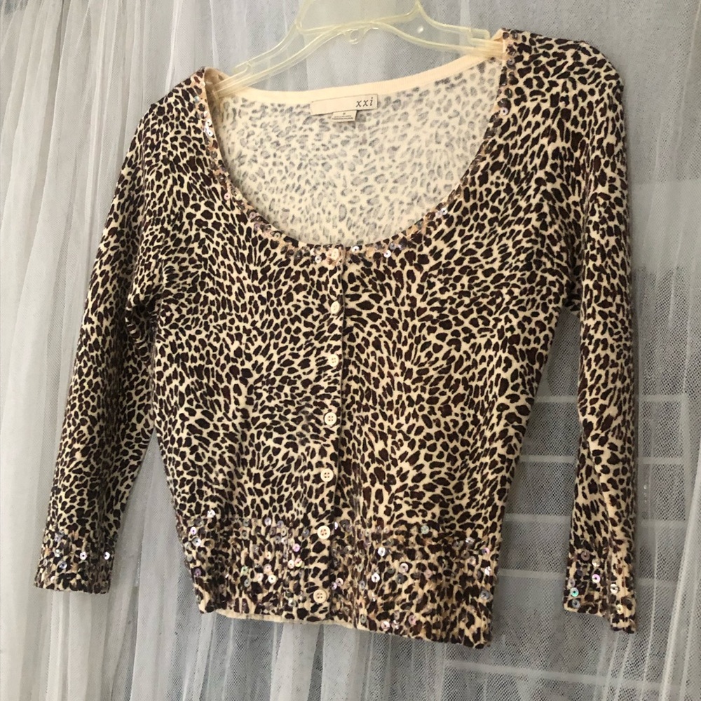 🌞 Forever 21 bling sequin trim leopard print 3/4 sleeve crop cardigan women S